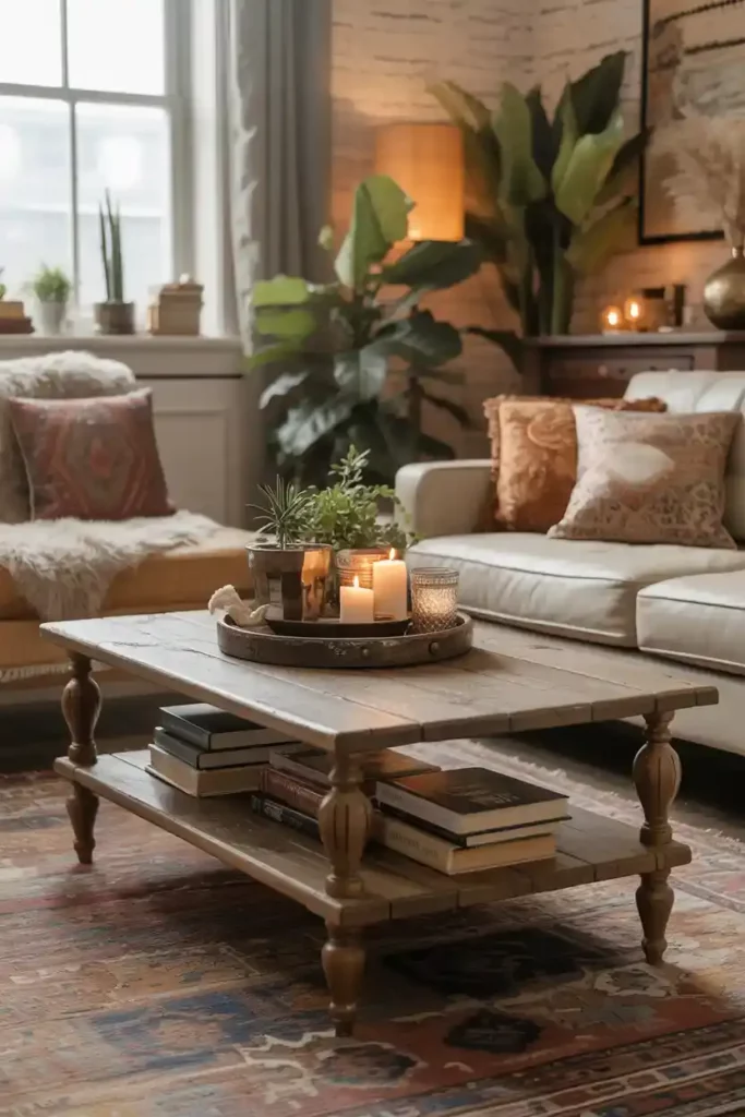 Antique Wooden Coffee Table Centerpiece