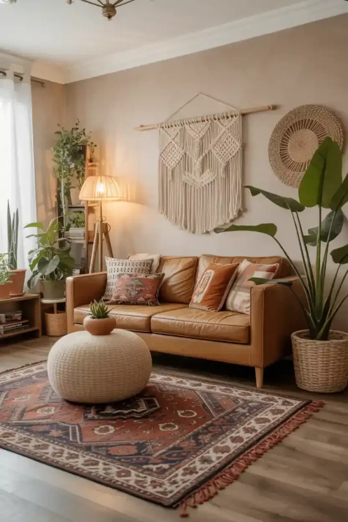 Cozy Boho Living Room with Layered Rugs