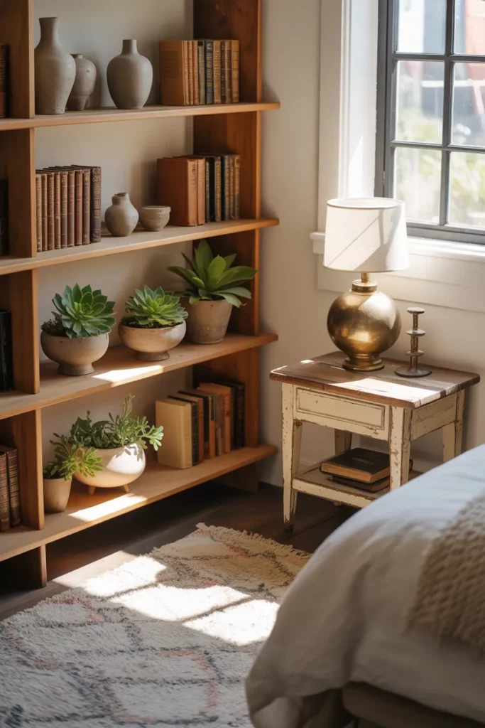 Farmhouse Bedroom with Open Shelving