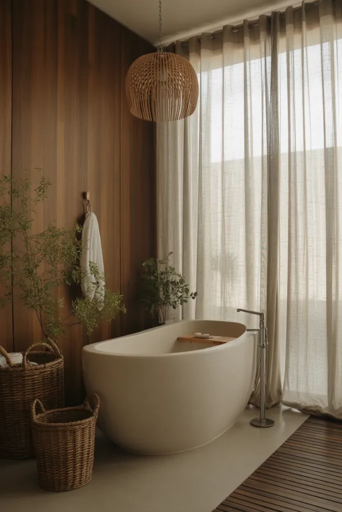 Freestanding Tub with Wooden Accents