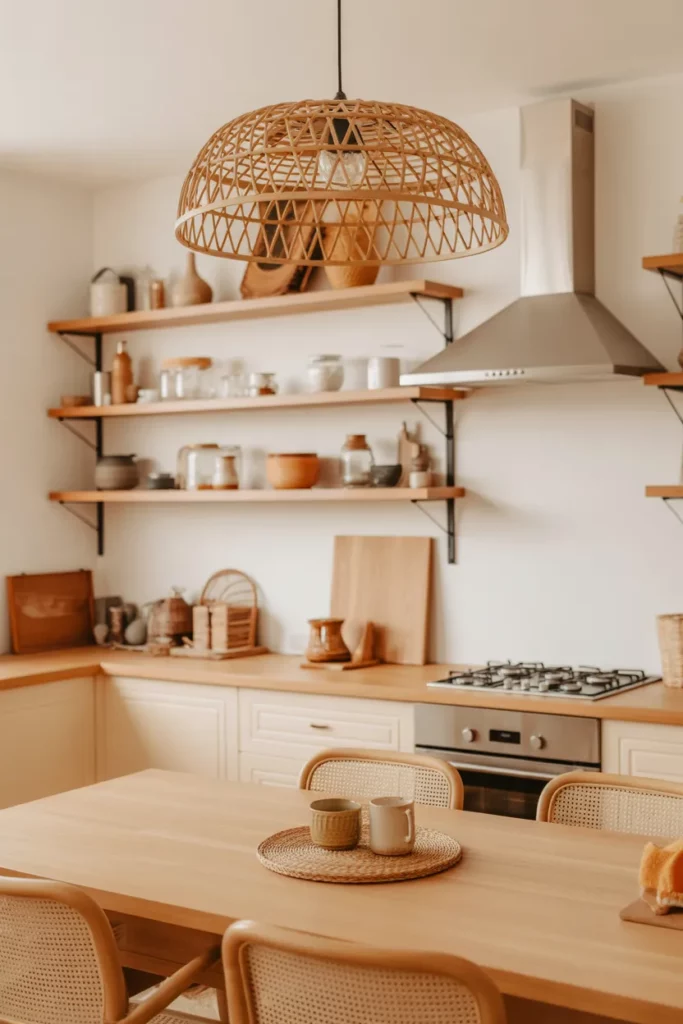 Rattan Pendant Lights and Open Shelves