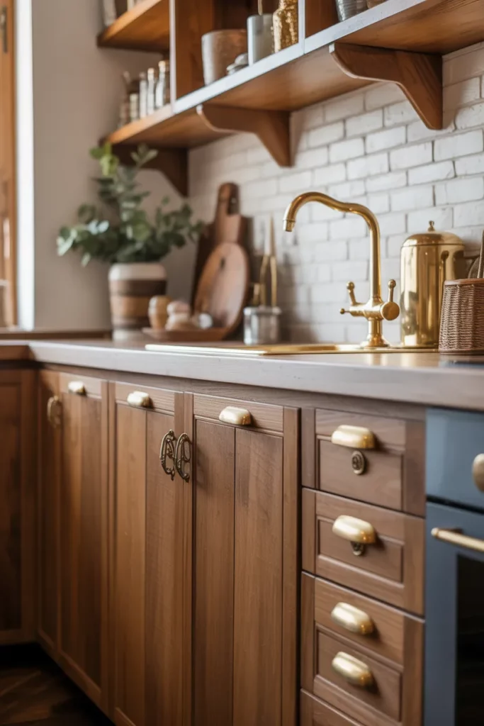 Rustic Wood Cabinets with Modern Brass Handles