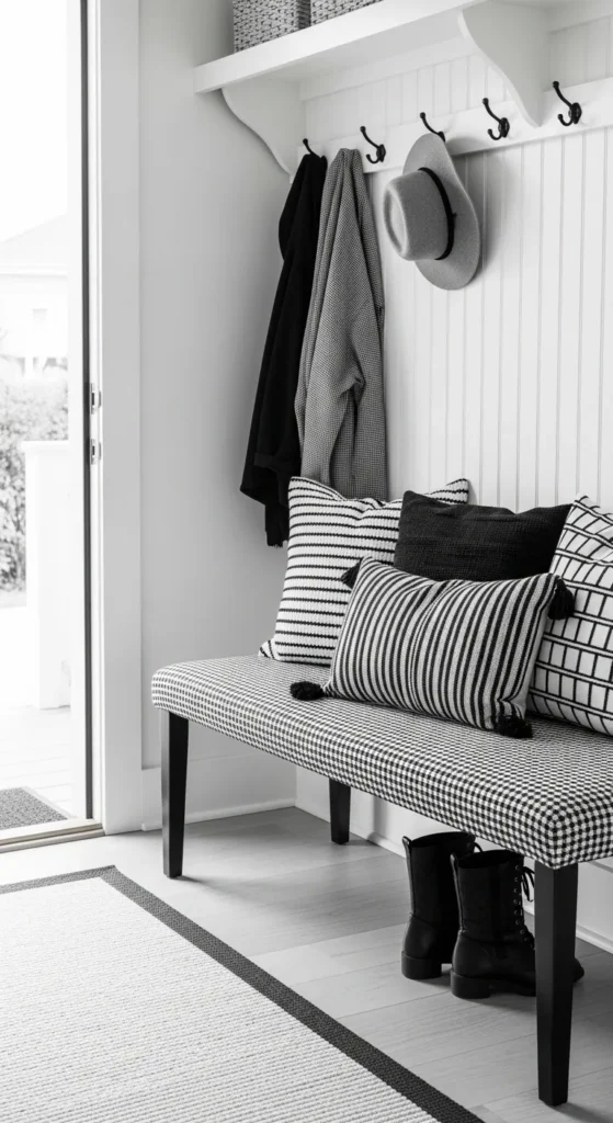 Monochrome Entryway with Bench Seating