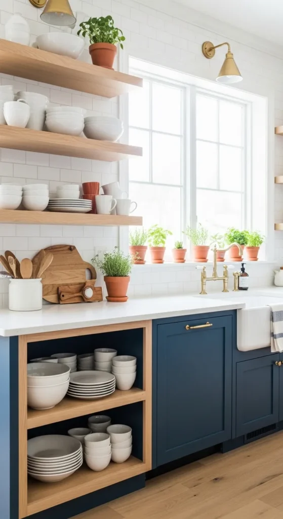 Navy Cabinets with Open Shelving