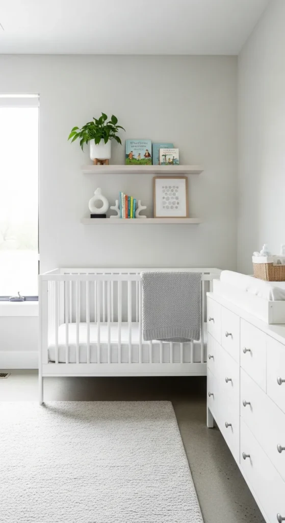 Minimalist Nursery With Floating Shelves