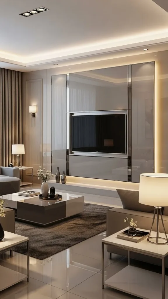 Glass Panel TV Wall with Metallic Accents