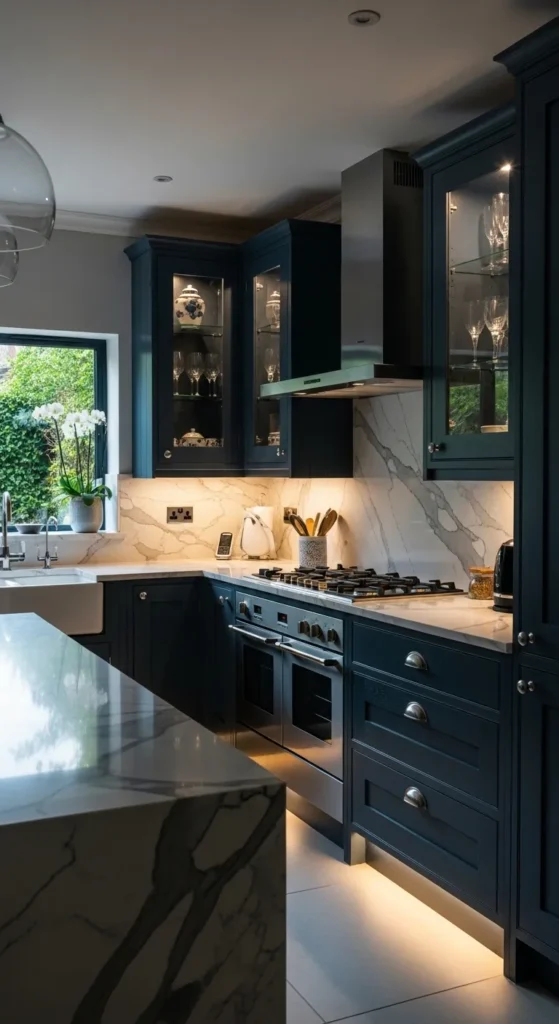 Navy Cabinets with Integrated Lighting