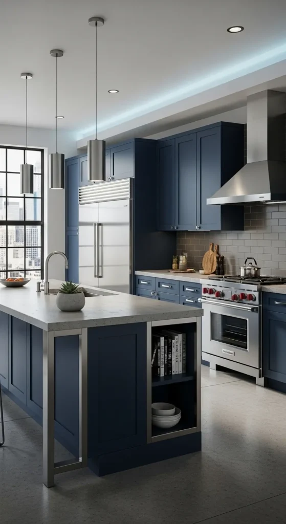 Navy Cabinets Paired with Concrete Countertops