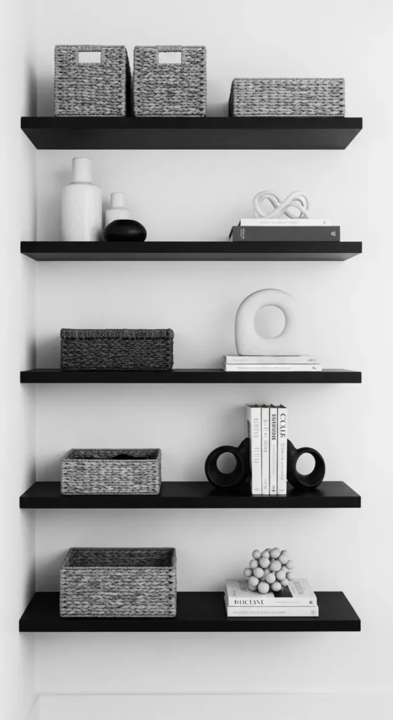 Monochrome Entryway with Open Shelving