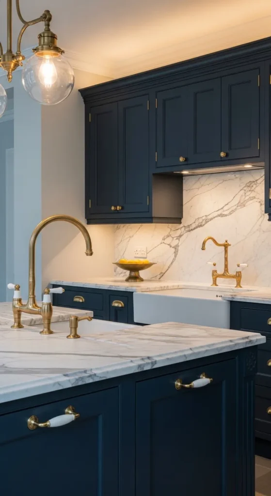 Navy Cabinets with Brass Fixtures