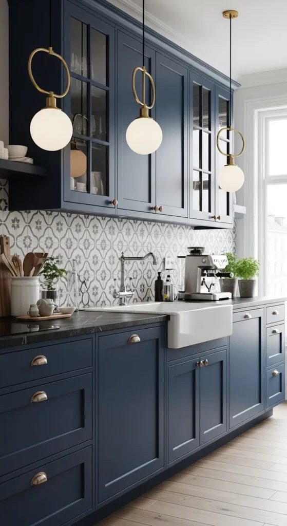 Navy Cabinets with Patterned Tile Backsplash