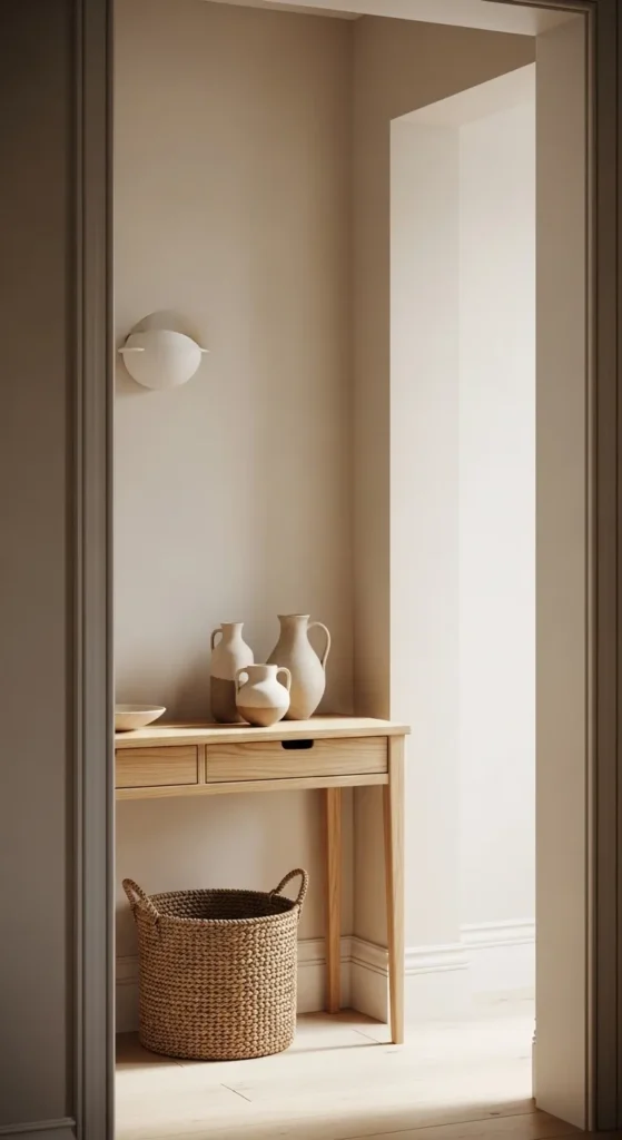 Light Wood Console with Soft Neutrals