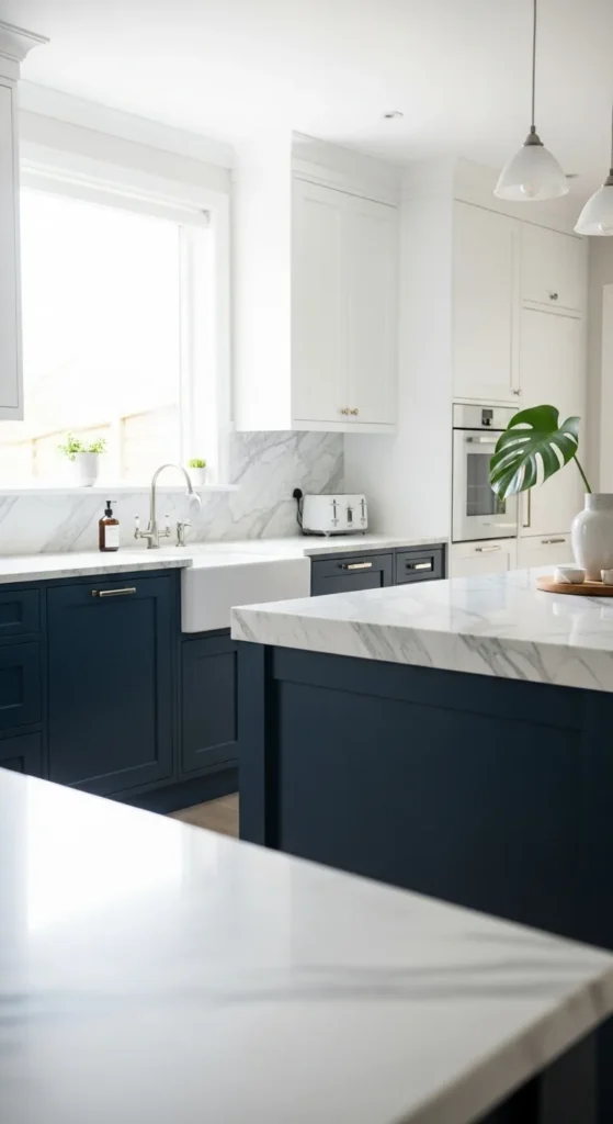 Classic Navy Cabinets with Crisp White Walls