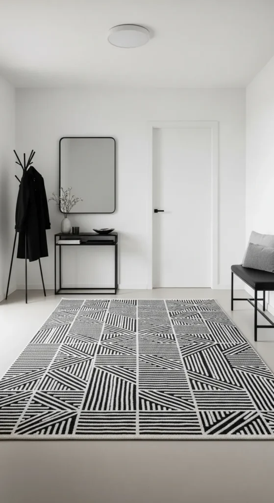 Monochrome Entryway with Patterned Rug