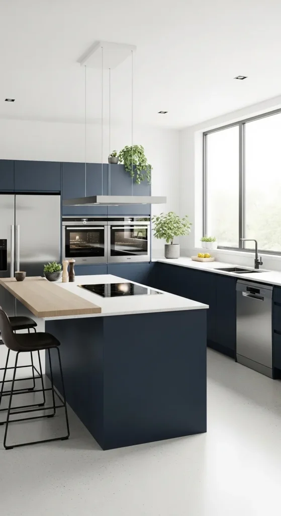 Navy Cabinets with Stainless Steel Appliances