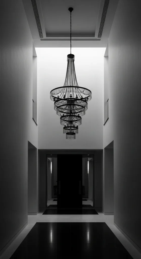 Monochrome Entryway with Statement Chandelier