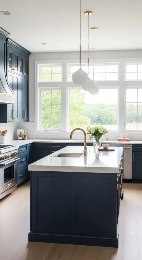 Navy Cabinets with White Quartz Countertops