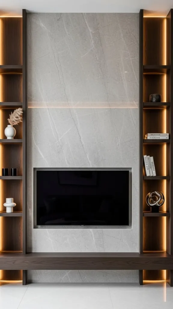 Symmetrical TV Wall with Built In Shelves