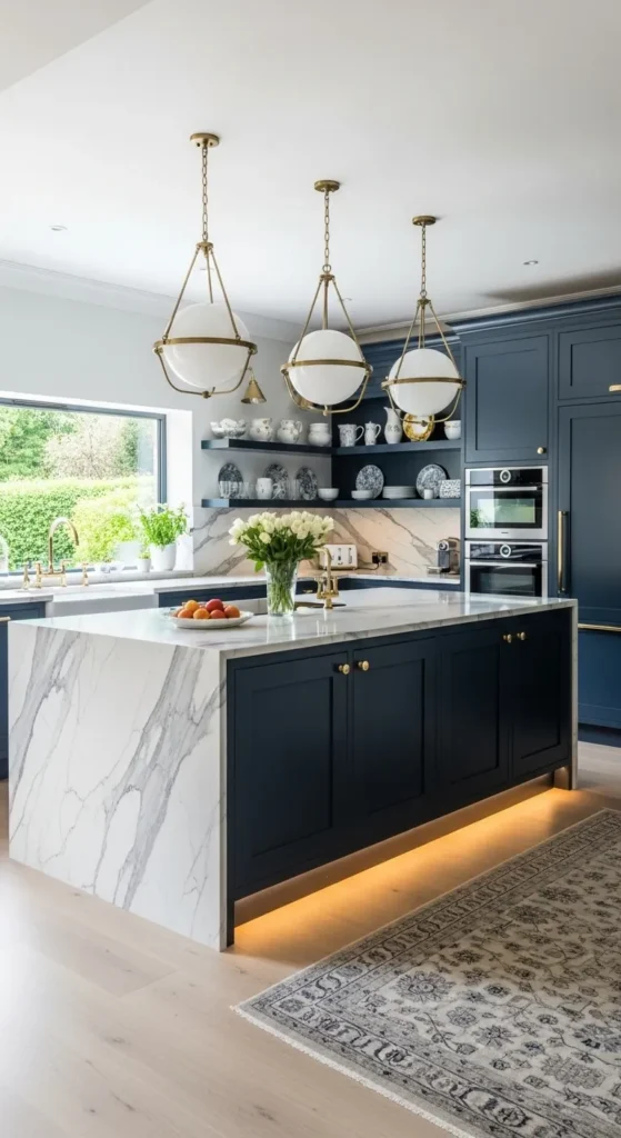 Navy Cabinets with Statement Kitchen Island