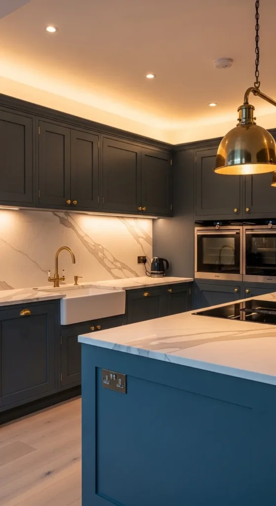 Navy Cabinets with Gold Hardware Accents