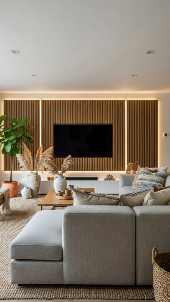 Floor to Ceiling Wooden Panel TV Wall
