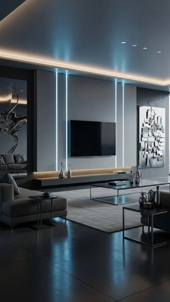 TV Wall with Vertical Light Strips