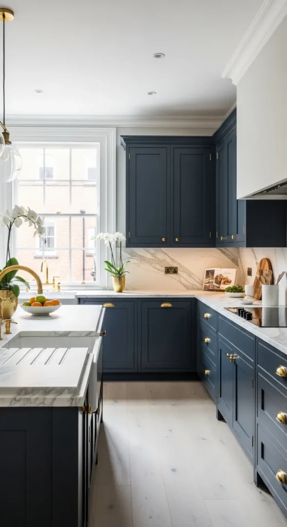 Navy Cabinets with Marble Countertops
