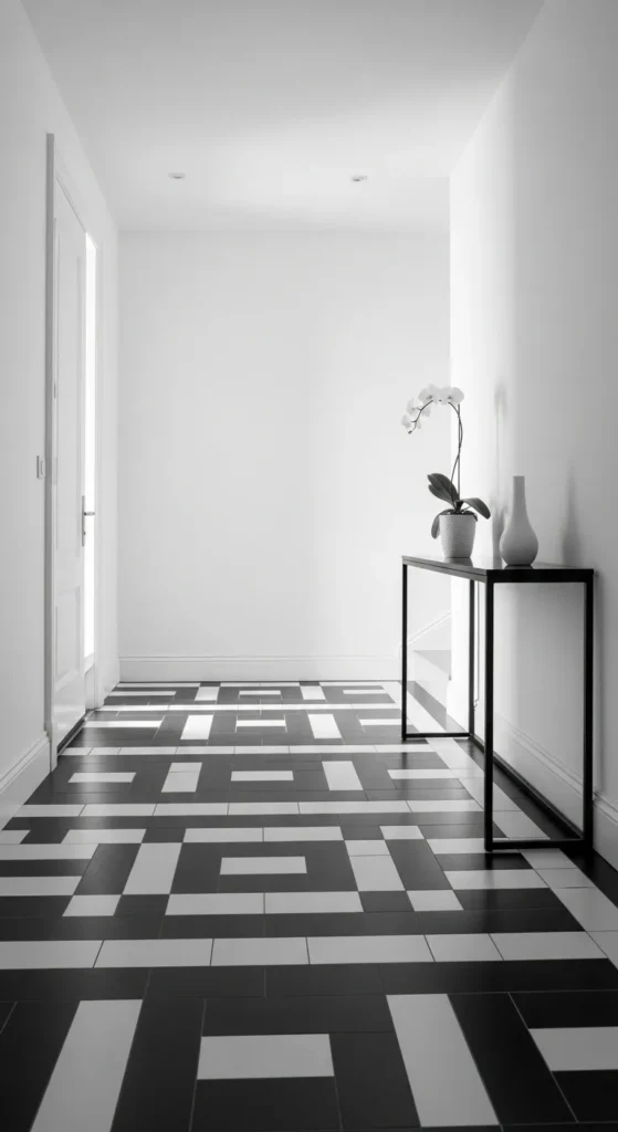 Monochrome Entryway with Graphic Floor Tiles