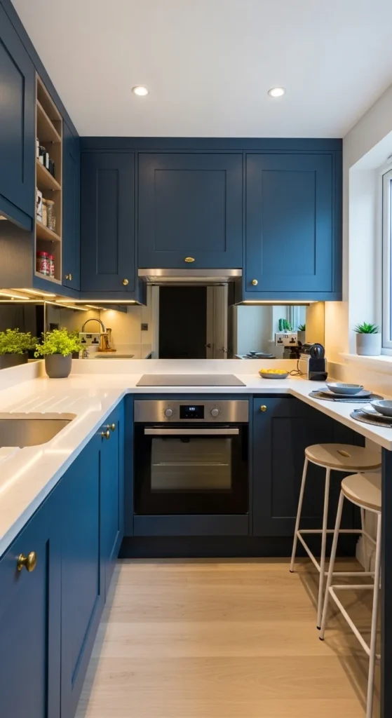 Navy Cabinets in a Small Kitchen Layout