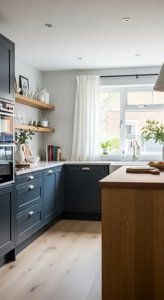 Navy Cabinets with Warm Wood Accents