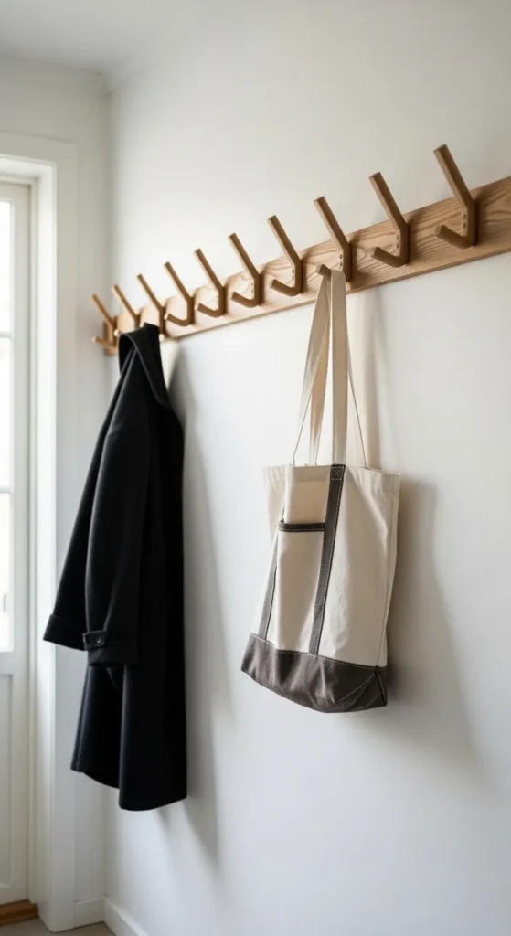 Wooden Wall Hooks in a Clean Row