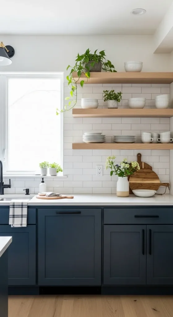 Navy Cabinets with Subway Tile Backsplash