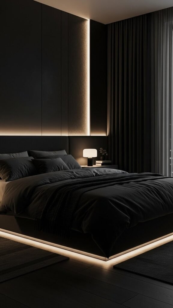 Dark Monochrome Bedroom with Mood Lighting