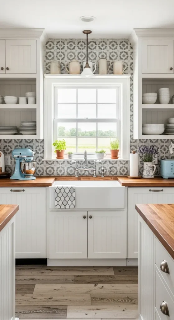 Farmhouse Kitchen with Patterned Backsplash
