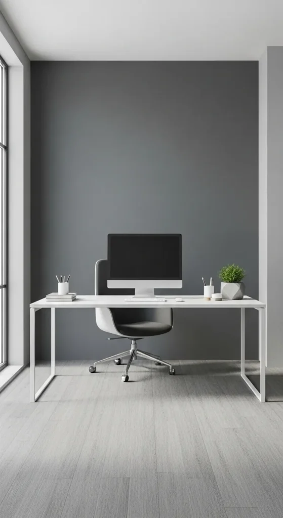Grey Accent Wall with White Desk Setup
