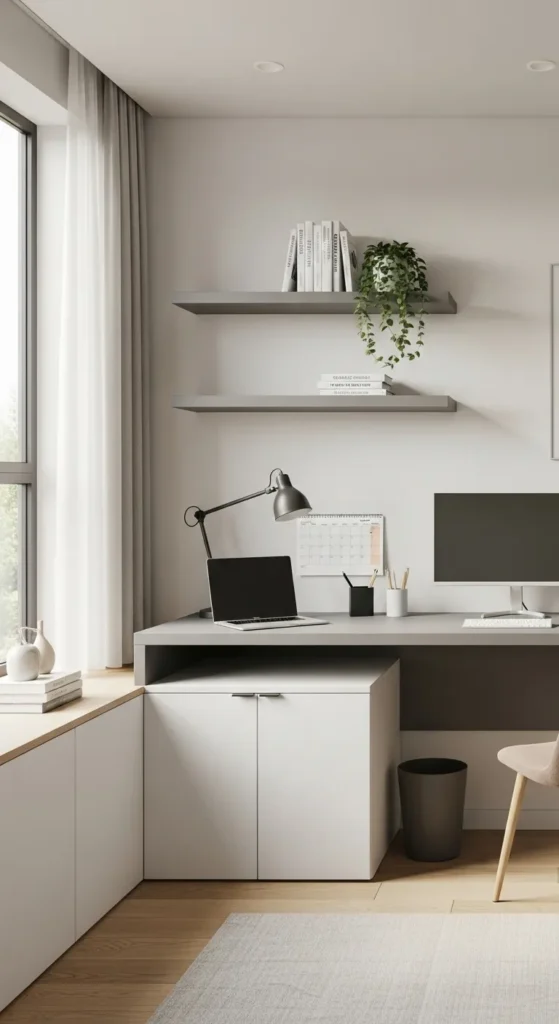 Grey Desk Paired with White Storage