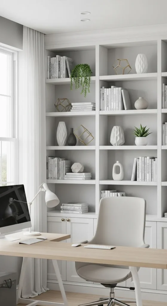 Grey and White Office with Built-In Shelving