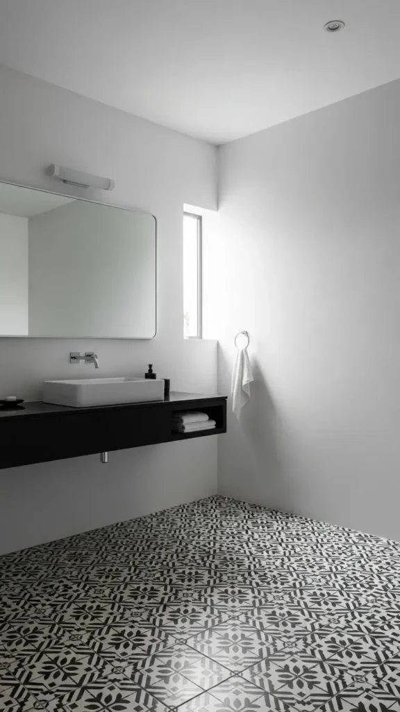 Monochrome Bathroom with Patterned Flooring