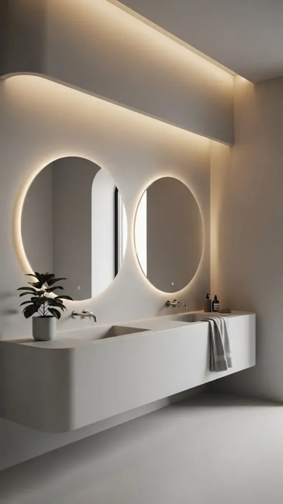 Monochrome Bathroom with Round Mirrors