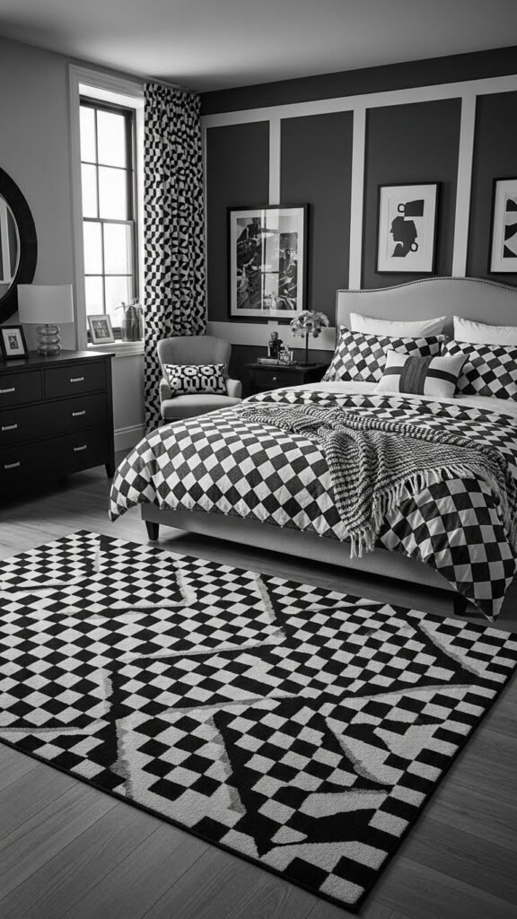 Monochrome Bedroom with Geometric Patterns