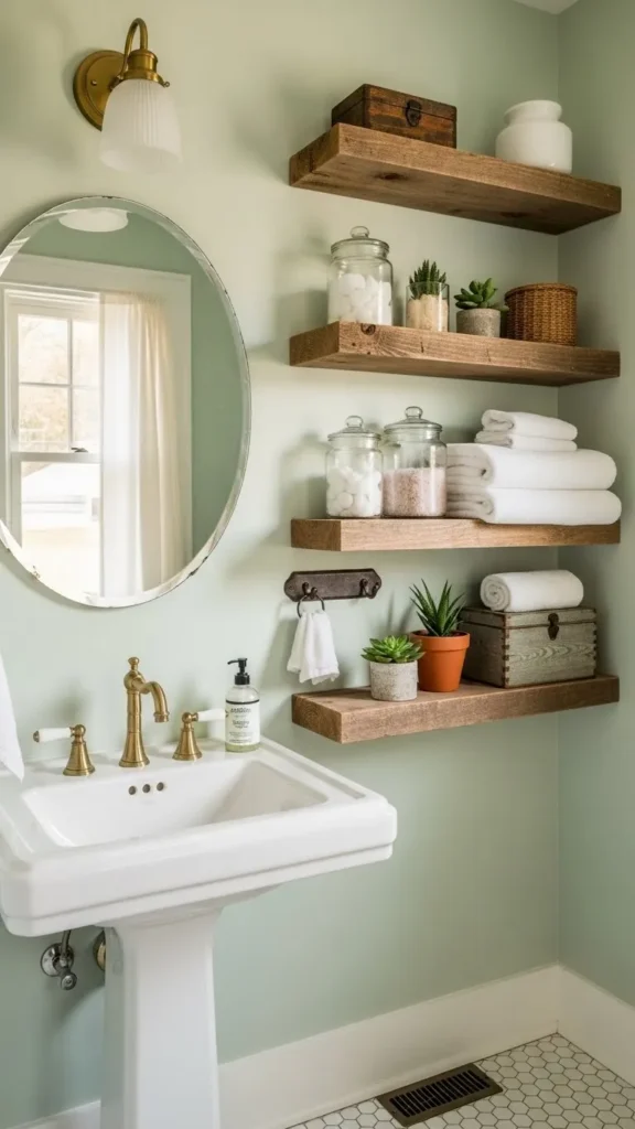 Open Wooden Shelves with Farmhouse Décor