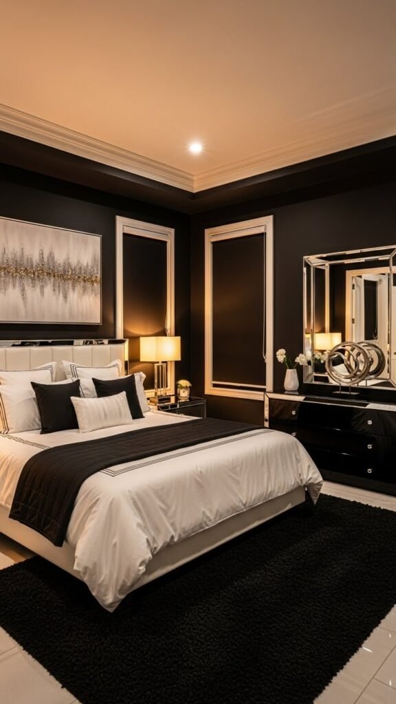 Sleek Black Bedroom with White Accents