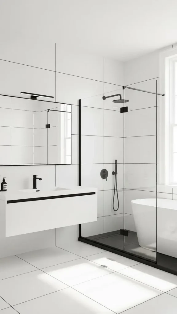 White Bathroom with Black Line Details
