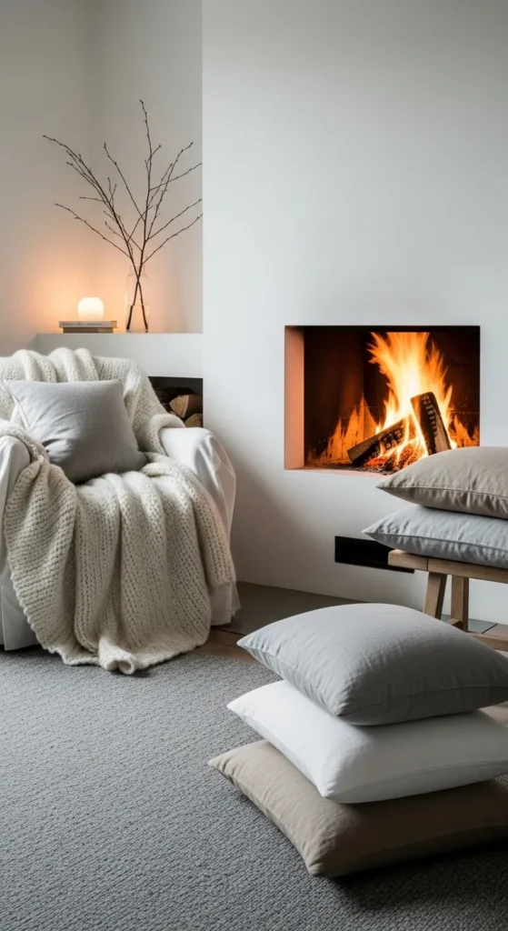 Scandinavian Fireplace Styled with Cozy Textiles