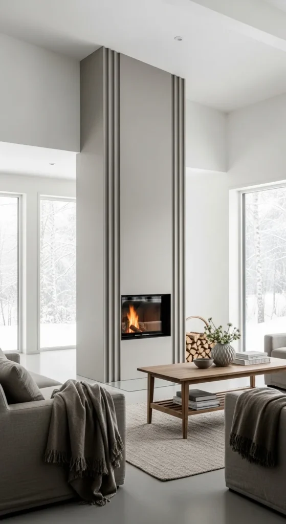 Scandinavian Fireplace with Floor to Ceiling Design