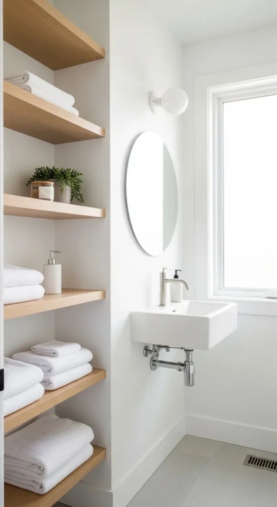 Scandinavian Powder Room with Open Shelving