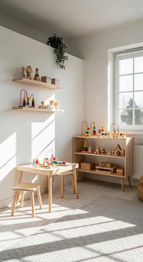 Bright White Playroom with Natural Wood Accents