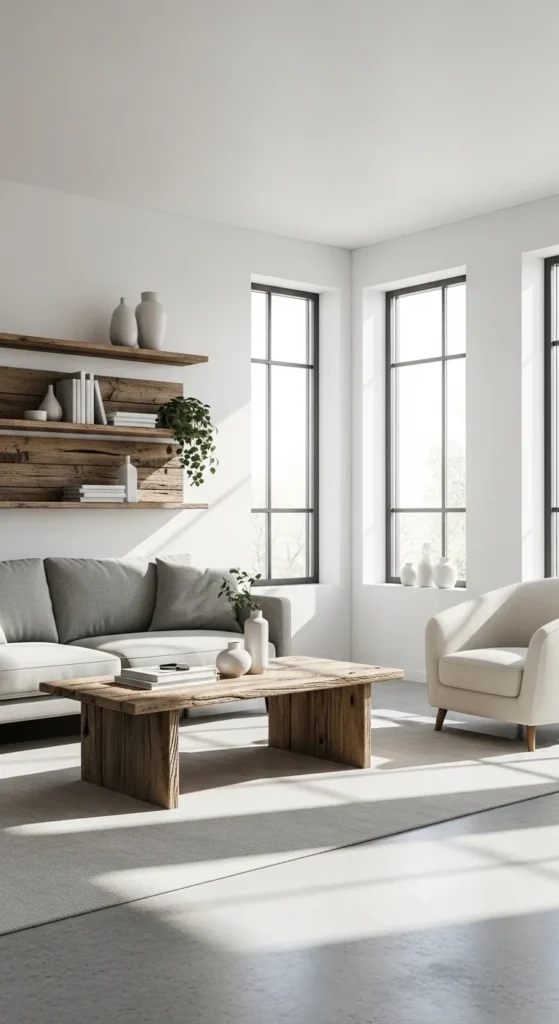 White Walls Paired with Reclaimed Wood Furniture