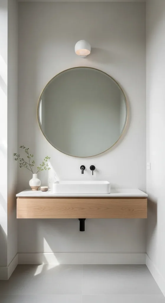 Scandinavian Powder Room with Round Mirror