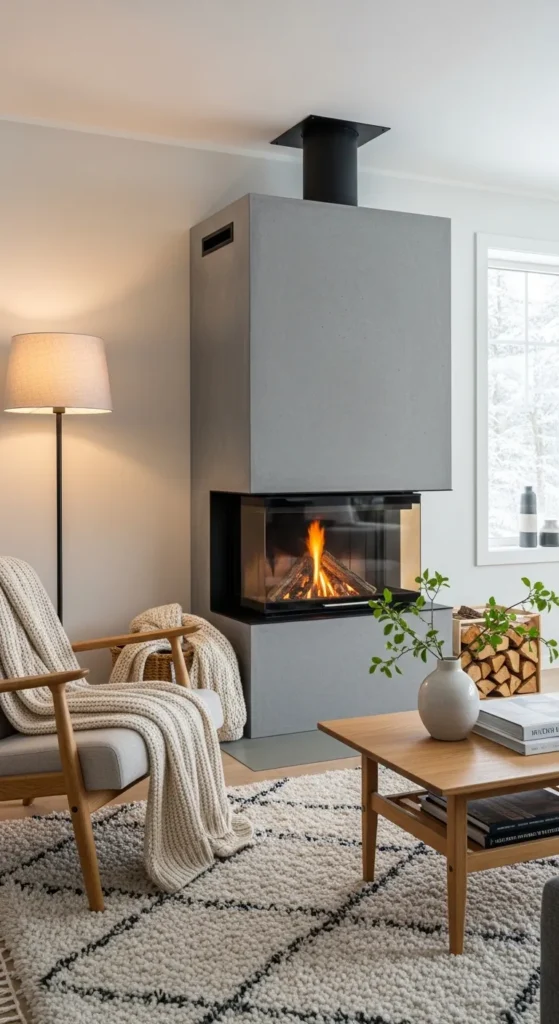 Scandinavian Fireplace with Concrete Finish
